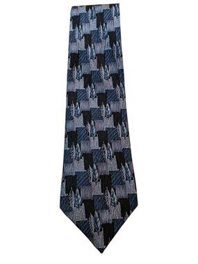 Vintage Cocktail Colors 100% Silk Geometric Abstract Patchwork Necktie Blue Grey